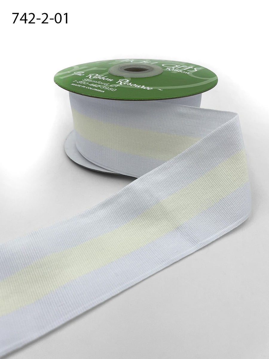 2 Inch Modern Stripe Grosgrain Woven Edge Ribbon – 742-2-01 ivory center/white edges