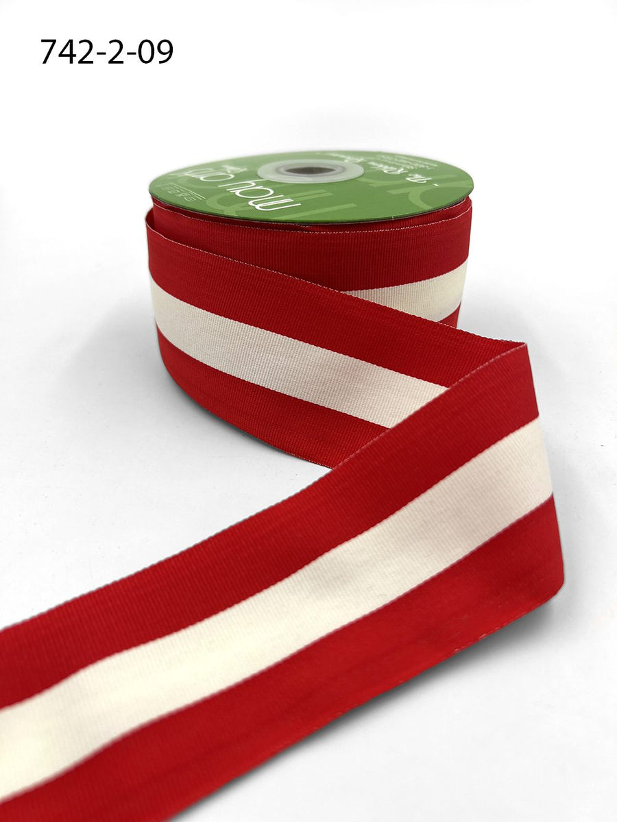 2 Inch Modern Stripe Grosgrain Woven Edge Ribbon – 742-2-09 ivory center/red edges