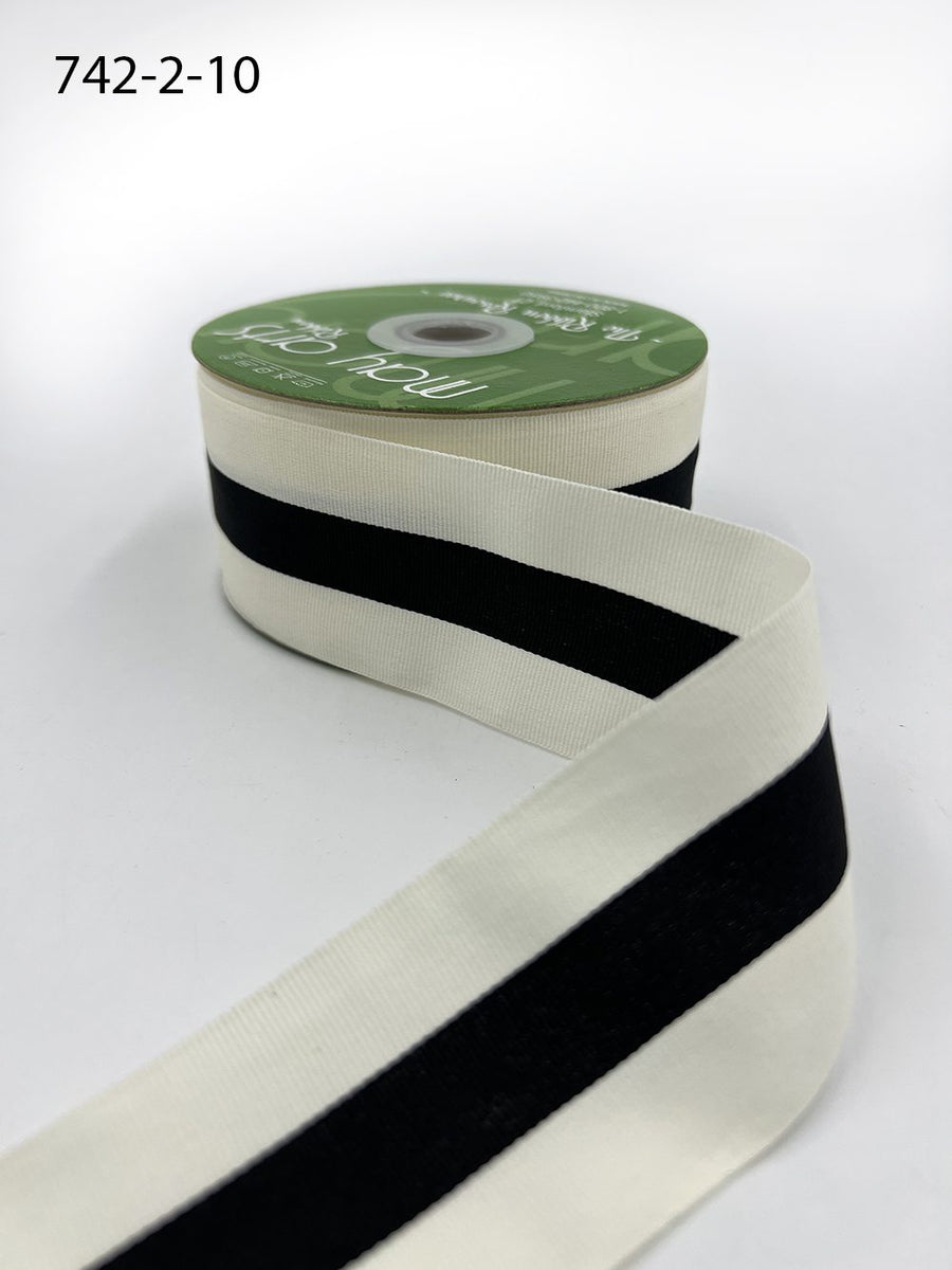 2 Inch Modern Stripe Grosgrain Woven Edge Ribbon – 742-2-10 black center/ivory edges