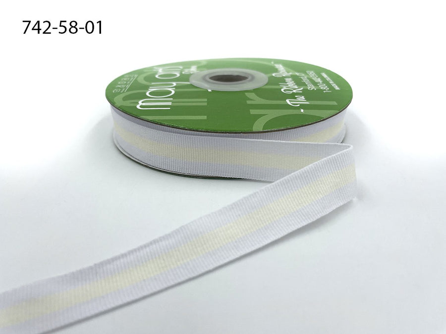 5/8 Inch Modern Stripe Grosgrain Woven Edge Ribbon – 742-58-01 IVORY CENTER/WHITE EDGES
