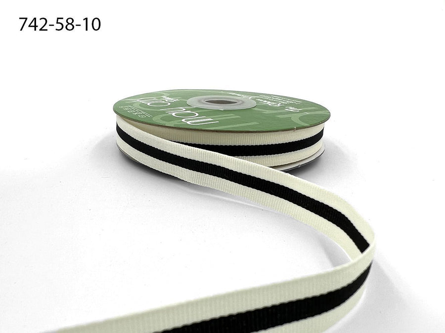 5/8 Inch Modern Stripe Grosgrain Woven Edge Ribbon – 742-58-10 BLACK CENTER/IVORY EDGE