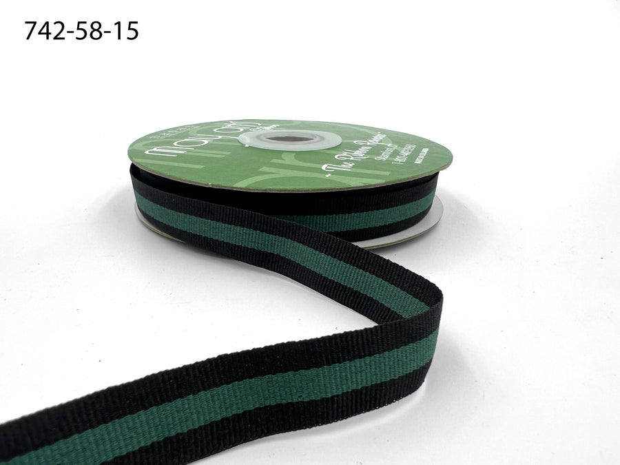 5/8 Inch Modern Stripe Grosgrain Woven Edge Ribbon – 742-58-15 GREEN CENTER/BLACK EDGES