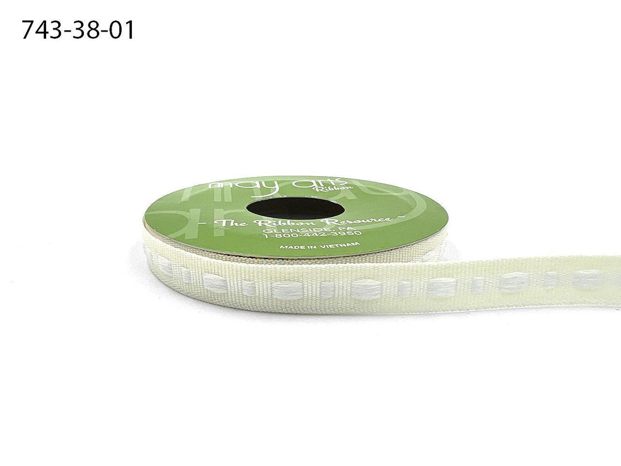 ⅜ Inch Dot Center Line Woven Edge Ribbon – 743-38-01 IVORY/WHITE