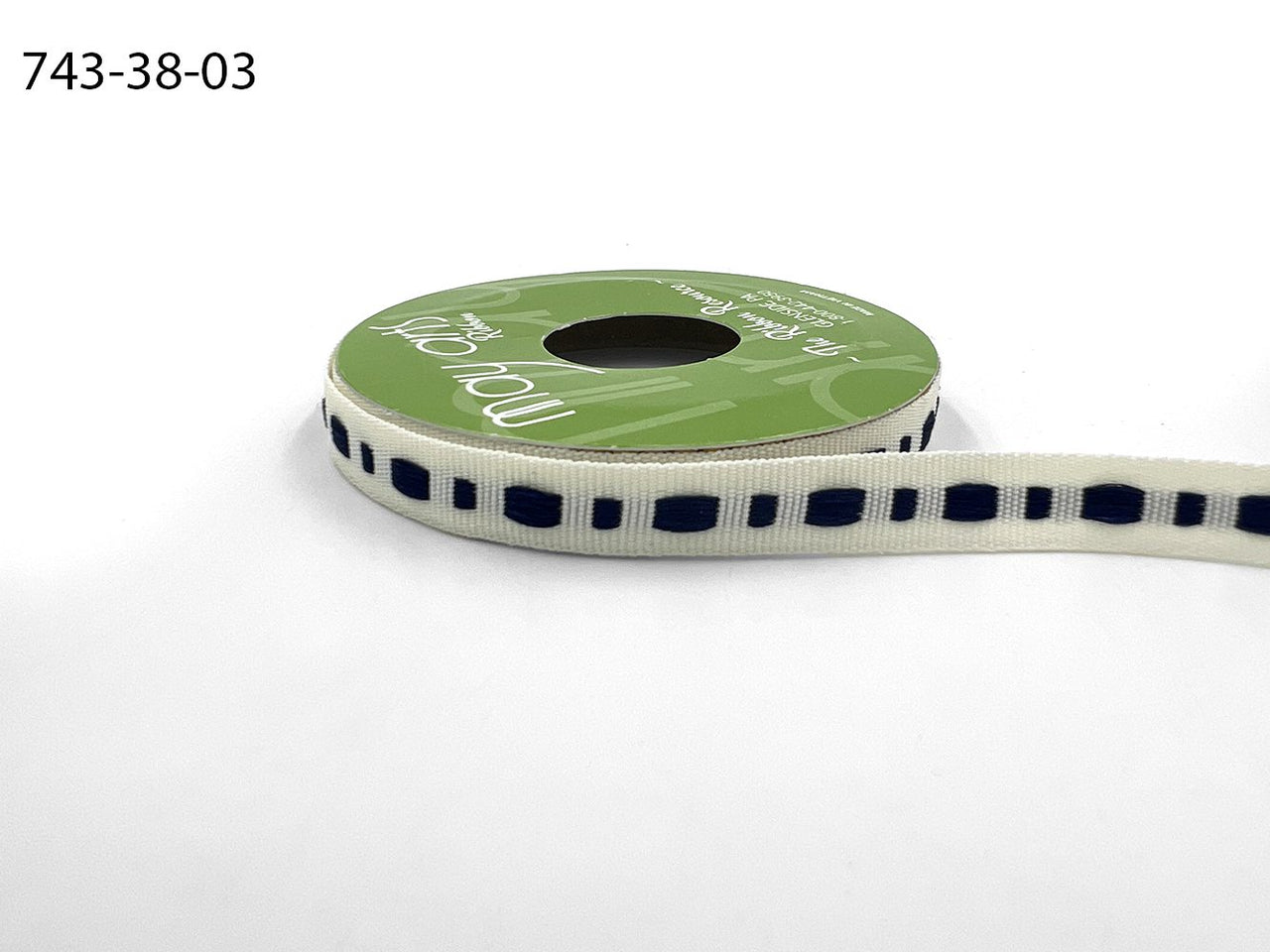 ⅜ Inch Dot Center Line Woven Edge Ribbon – 743-38-03 IVORY/NAVY