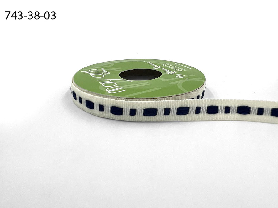 ⅜ Inch Dot Center Line Woven Edge Ribbon – 743-38-03 IVORY/NAVY