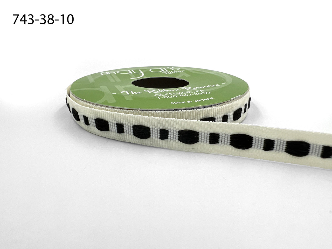 ⅜ Inch Dot Center Line Woven Edge Ribbon – 743-38-10 IVORY/BLACK