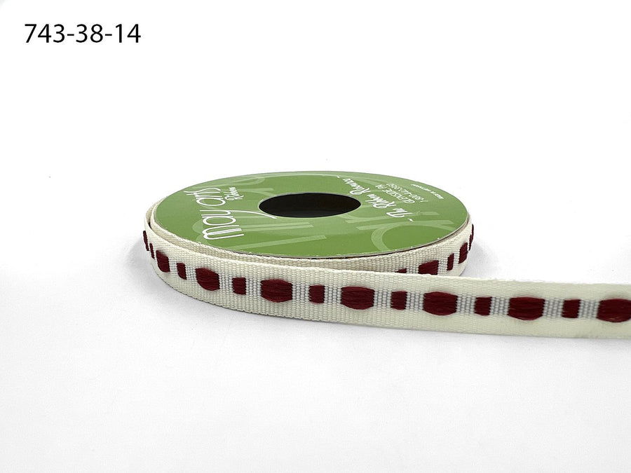 ⅜ Inch Dot Center Line Woven Edge Ribbon – 743-38-14 IVORY/RED