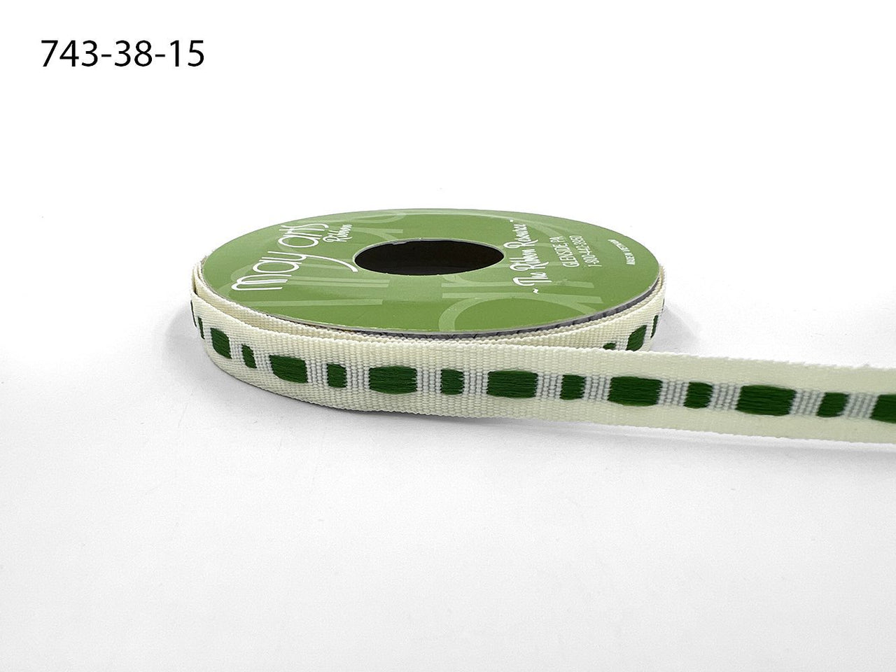 ⅜ Inch Dot Center Line Woven Edge Ribbon – 743-38-15 IVORY/GREEN