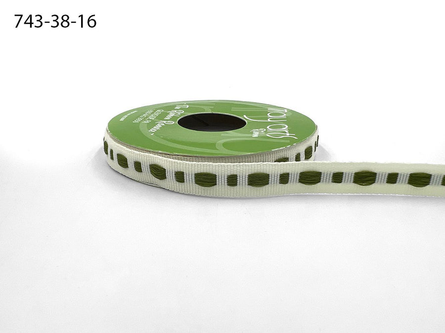⅜ Inch Dot Center Line Woven Edge Ribbon – 743-38-16 IVORY/OLIVE