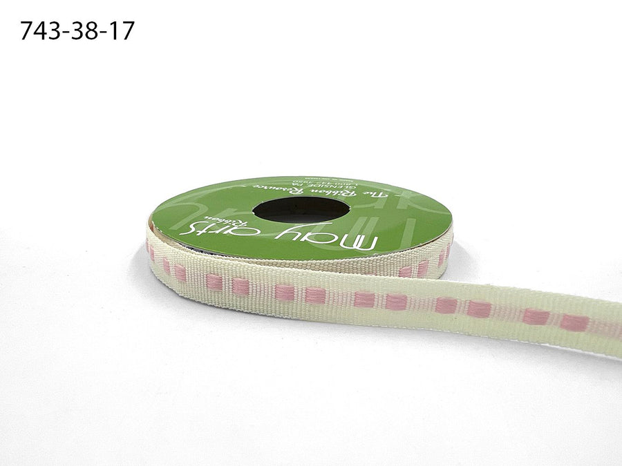 ⅜ Inch Dot Center Line Woven Edge Ribbon – 743-38-17 IVORY/PINK