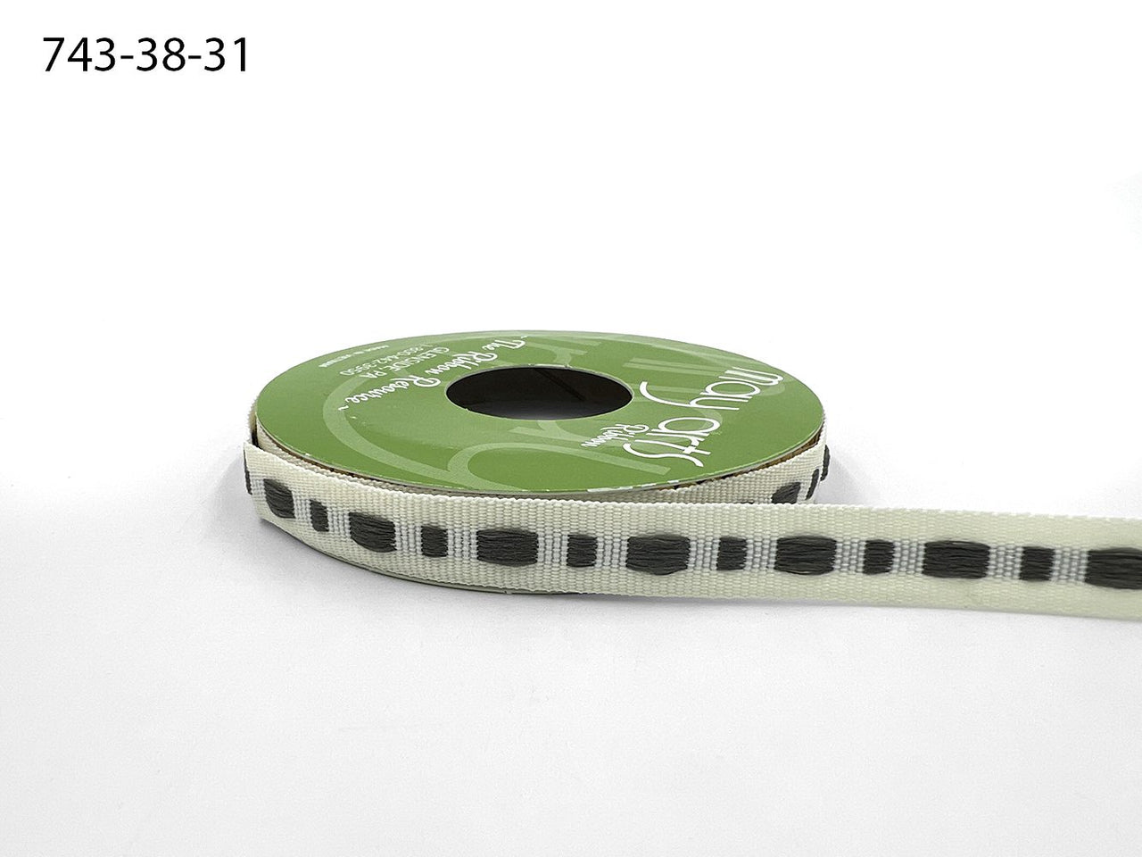 ⅜ Inch Dot Center Line Woven Edge Ribbon – 743-38-31 IVORY/GREY