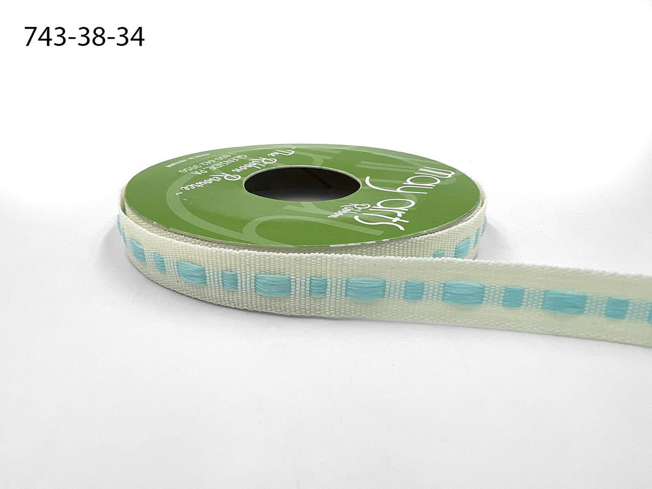 ⅜ Inch Dot Center Line Woven Edge Ribbon – 743-38-34 IVORY/LIGHT BLUE