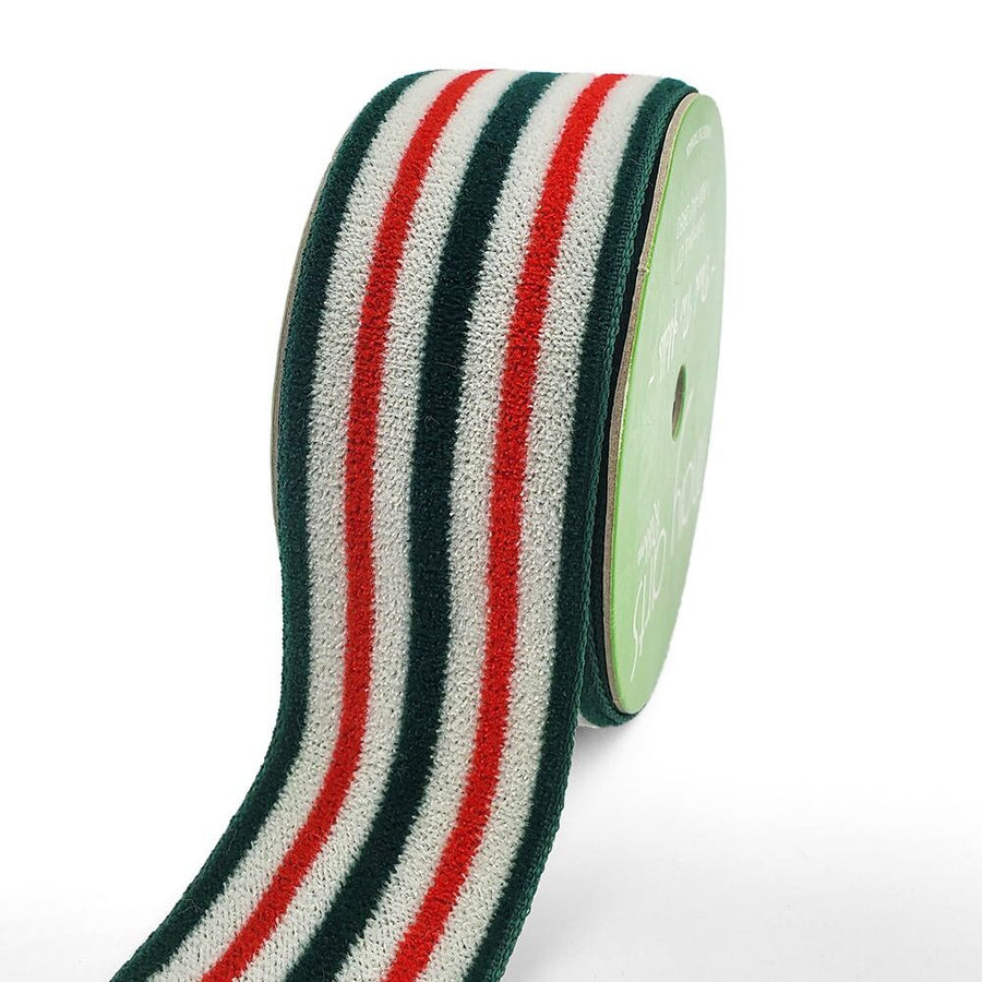 1.5 Inch Plush Holiday Stripe Woven Edge Ribbon – 744-15-15 GREEN/WHITE/RED