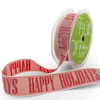 Sparkle Holiday Print Ribbon with Natural Woven Edge – 751-1-09 Happy Holidays RED/NATURAL