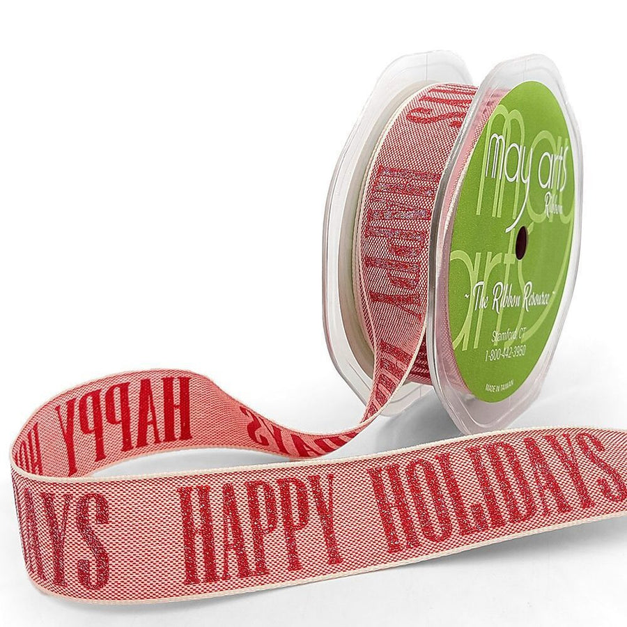 Sparkle Holiday Print Ribbon with Natural Woven Edge – 751-1-09 Happy Holidays RED/NATURAL