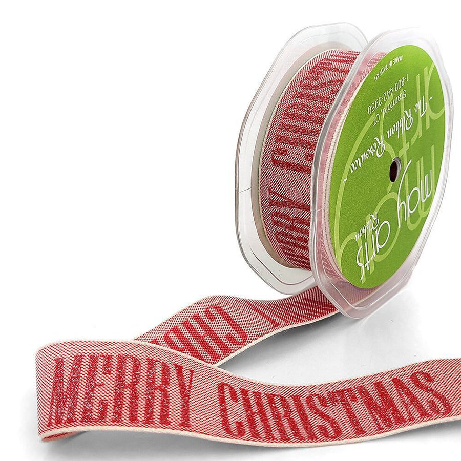 Sparkle Holiday Print Ribbon with Natural Woven Edge – 751-1-14 Merry Christmas RED/NATURAL