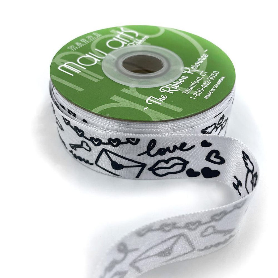 ~1 Inch (24MM) Satin Valentine Doodle Print Ribbon with Woven Edge – 752-1-01 WHITE/BLACK