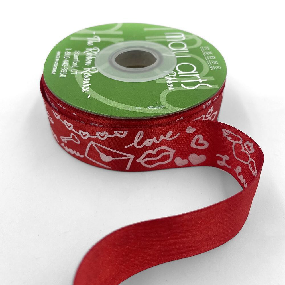 ~1 Inch (24MM) Satin Valentine Doodle Print Ribbon with Woven Edge – 752-1-14 RED/WHITE