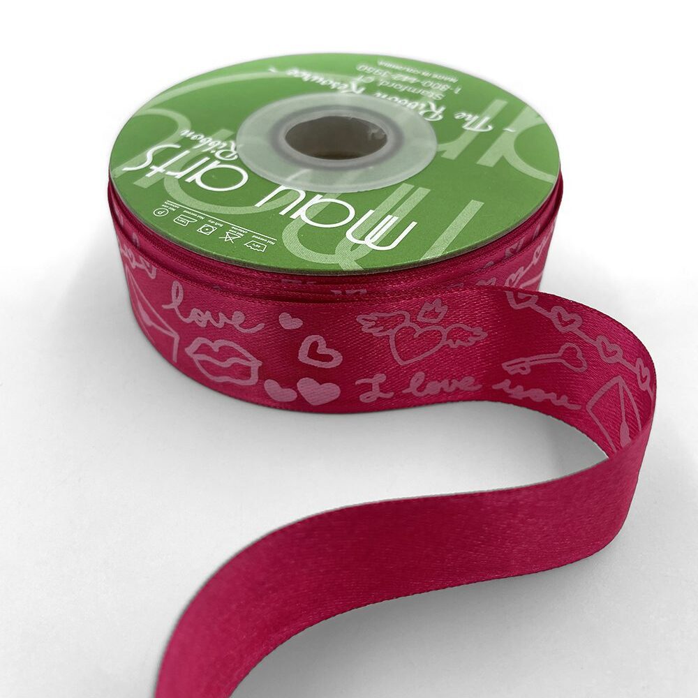 ~1 Inch (24MM) Satin Valentine Doodle Print Ribbon with Woven Edge – 752-1-22 FUCHSIA/PINK