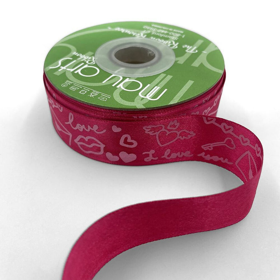 ~1 Inch (24MM) Satin Valentine Doodle Print Ribbon with Woven Edge – 752-1-22 FUCHSIA/PINK