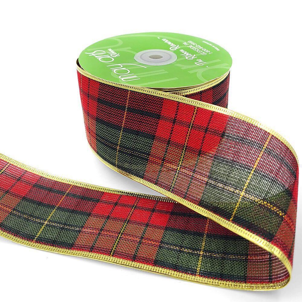 2.5 Inch Christmas Tartan Plaid Ribbon with Metallic Wired Edge – 754-25-30 RED/GREEN/BLACK/GOLD