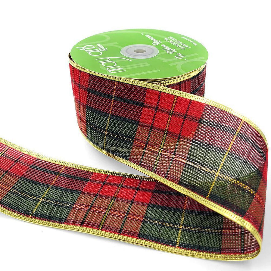 2.5 Inch Christmas Tartan Plaid Ribbon with Metallic Wired Edge – 754-25-30 RED/GREEN/BLACK/GOLD