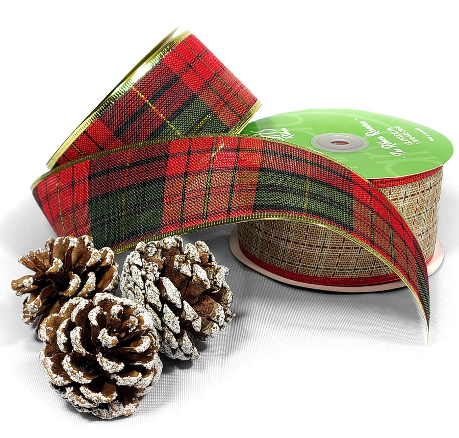 2.5 Inch Christmas Tartan Plaid Ribbon with Metallic Wired Edge