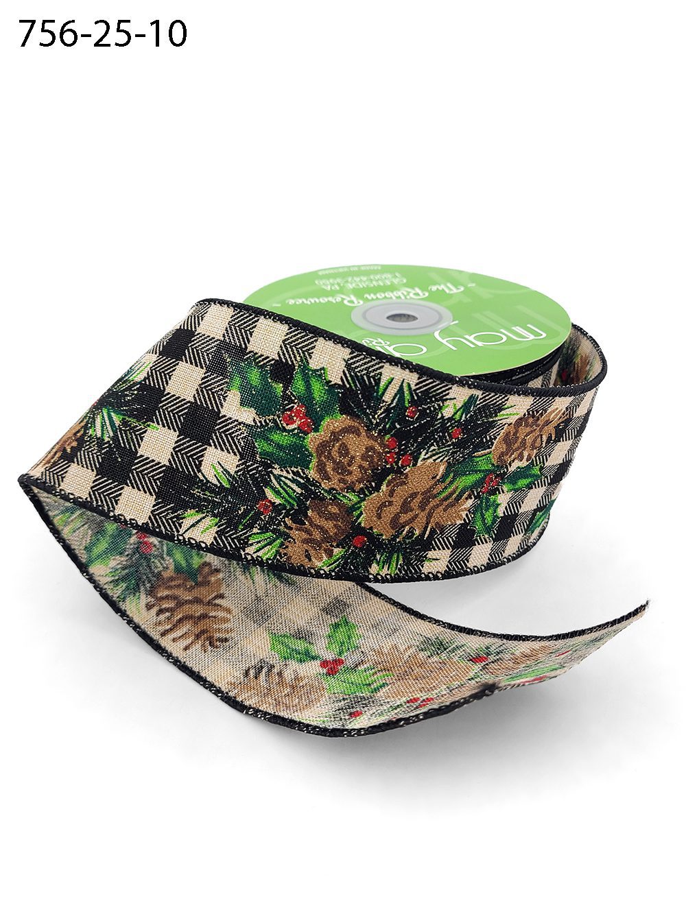 2.5 Inch Christmas Check Pinecone Ribbon with Wired Edge – 756-25-10 BLACK/IVORY/BROWN/GREEN