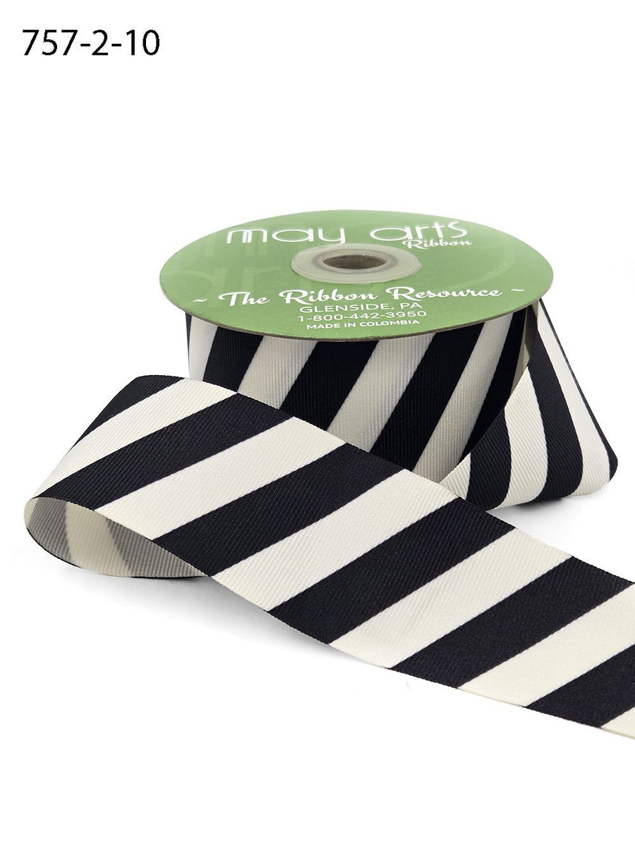 2 Inch Modern Diagonal Striped Grosgrain Ribbon with Woven Edge – 757-2-10 BLACK/IVORY