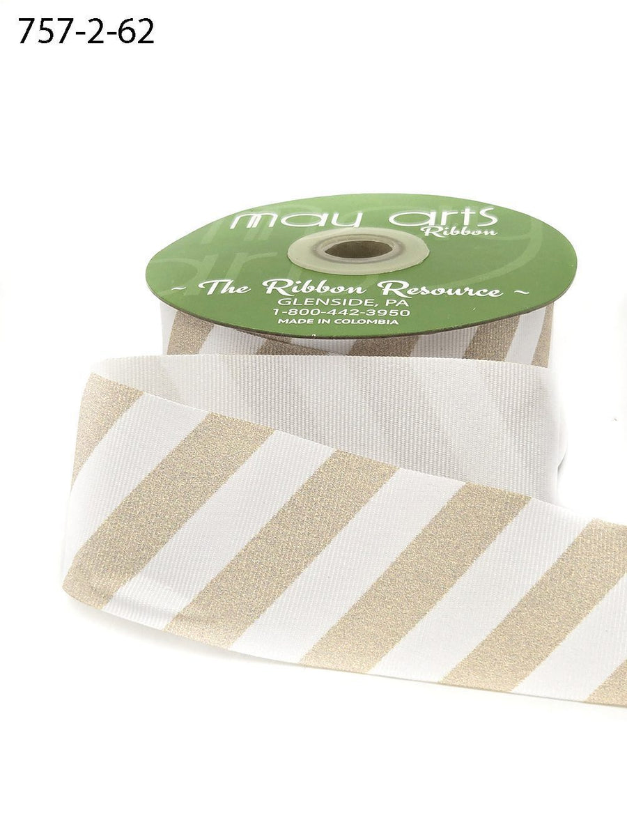2 Inch Modern Diagonal Striped Grosgrain Ribbon with Woven Edge – 757-2-62 NUDE CHAMPAGNE/WHITE