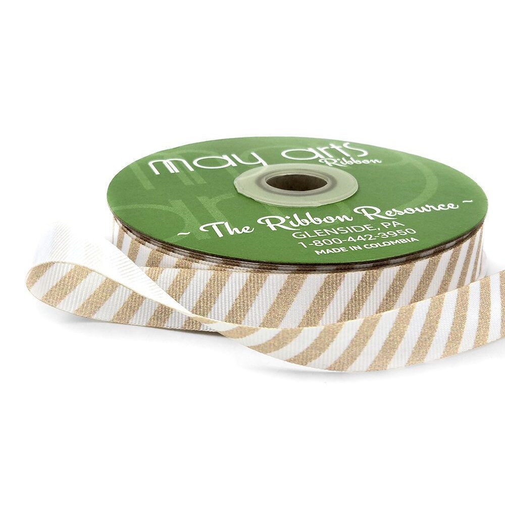 5/8 Inch Modern Diagonal Striped Grosgrain Ribbon with Woven Edge – 757-58-62 NUDE CHAMPAGNE/WHITE