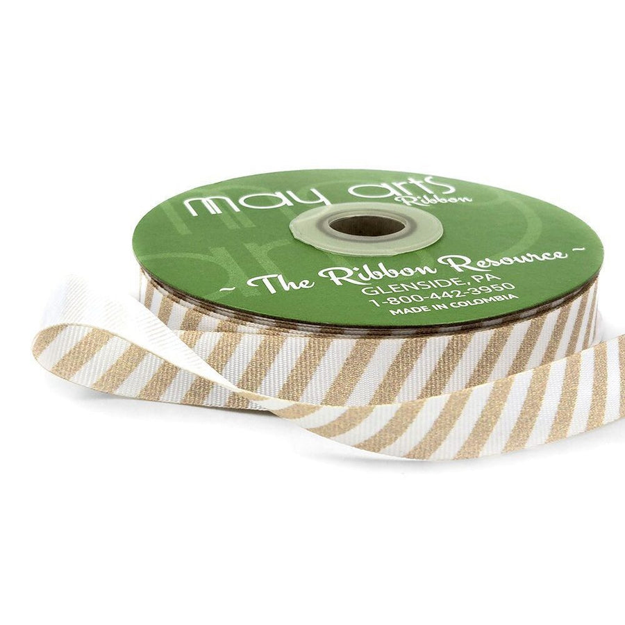 5/8 Inch Modern Diagonal Striped Grosgrain Ribbon with Woven Edge – 757-58-62 NUDE CHAMPAGNE/WHITE