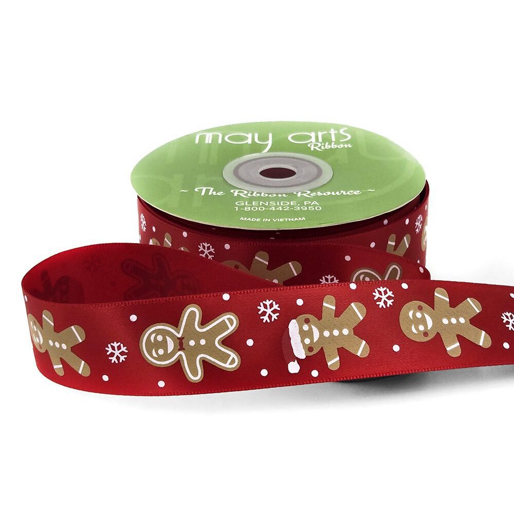1 Inch Satin Gingerbread Man Print Ribbon – 759-1-14 RED