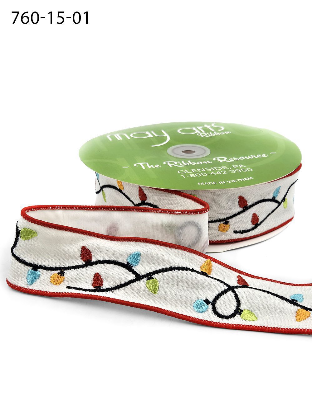 1.5 Inch Embroidered String of Christmas Lights Ribbon (Wired) – 760-15-01 WHITE