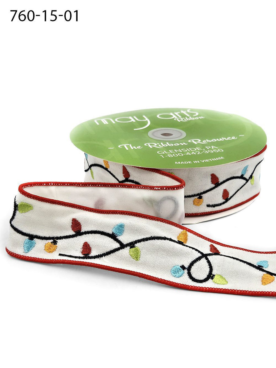 1.5 Inch Embroidered String of Christmas Lights Ribbon (Wired) – 760-15-01 WHITE