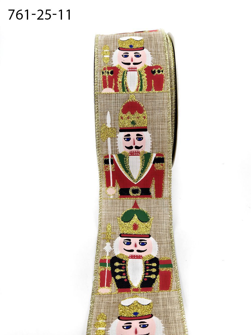 2.5 Inch Wired Faux Linen Glitter Nutcracker Print Ribbon – 761-25-11 NATURAL