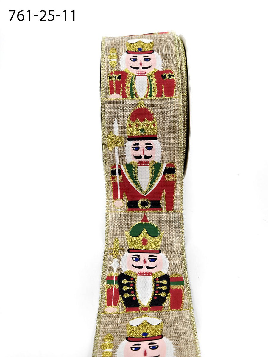 2.5 Inch Wired Faux Linen Glitter Nutcracker Print Ribbon – 761-25-11 NATURAL