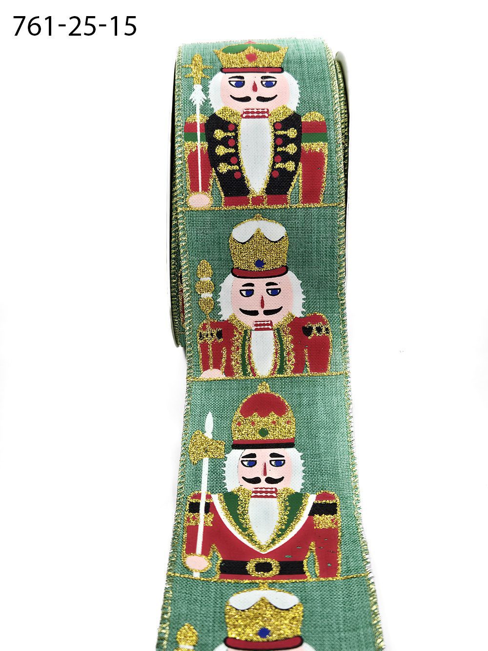 2.5 Inch Wired Faux Linen Glitter Nutcracker Print Ribbon – 761-25-15 GREEN