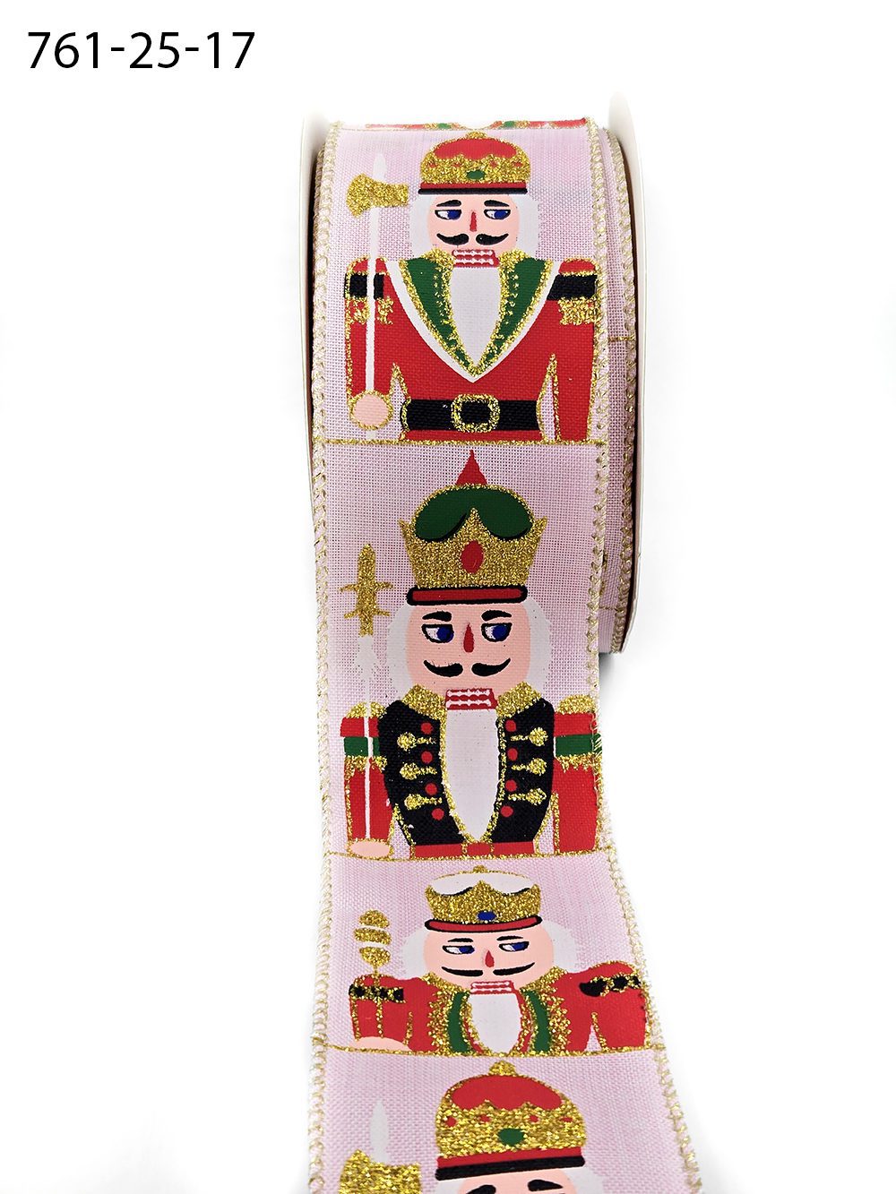 2.5 Inch Wired Faux Linen Glitter Nutcracker Print Ribbon – 761-25-17 PINK