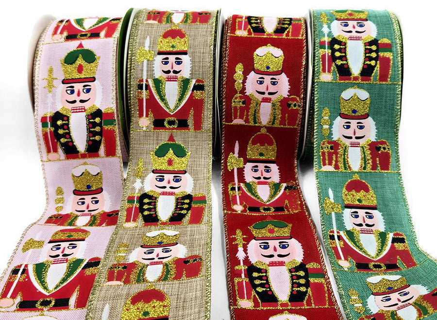 2.5 Inch Wired Faux Linen Glitter Nutcracker Print Ribbon