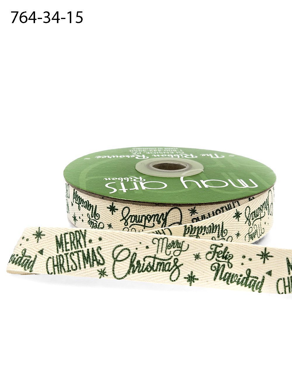 3/4 Inch Merry Christmas Feliz Navidad Ribbon with Woven Edge – 764-34-15 GREEN