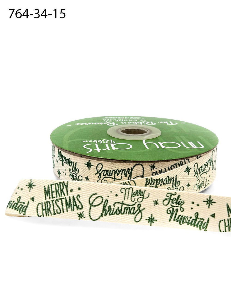 3/4 Inch Merry Christmas Feliz Navidad Ribbon with Woven Edge – 764-34-15 GREEN