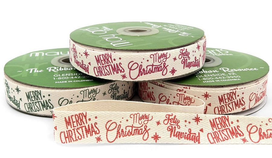 3/4 Inch Merry Christmas Feliz Navidad Ribbon with Woven Edge