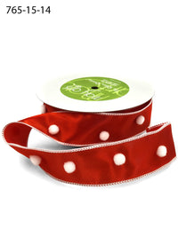 1.5 Inch Christmas Satin Pom Pom Center Ribbon with Wired Edge – 765-15-14 RED/WHITE