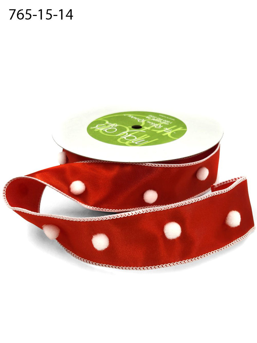 1.5 Inch Christmas Satin Pom Pom Center Ribbon with Wired Edge – 765-15-14 RED/WHITE