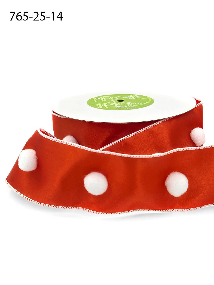 2.5 Inch Christmas Satin Pom Pom Center Ribbon with Wired Edge – 765-25-14 RED/WHITE