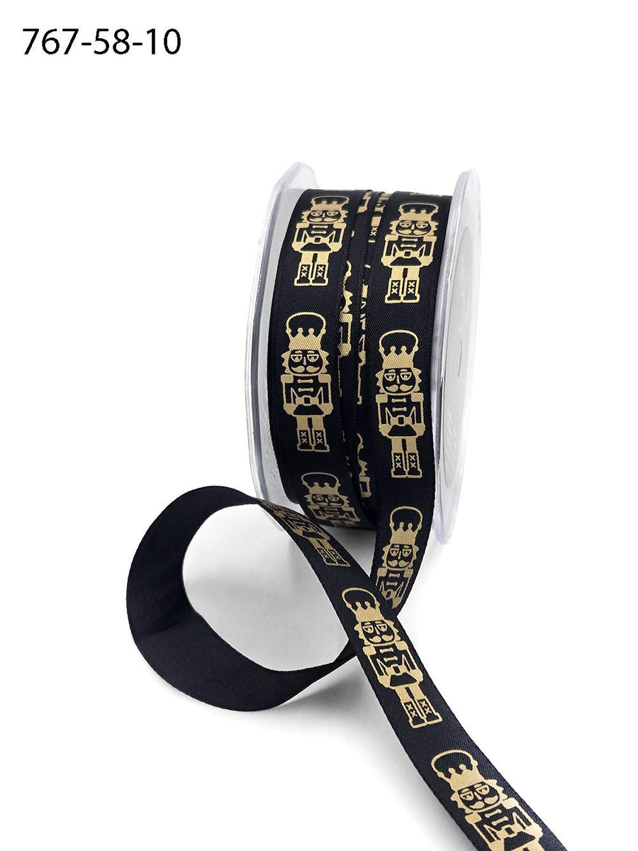 5/8 Inch Taffeta Gold Print Nutcracker Ribbon with Woven Edge – 767-58-10 BLACK