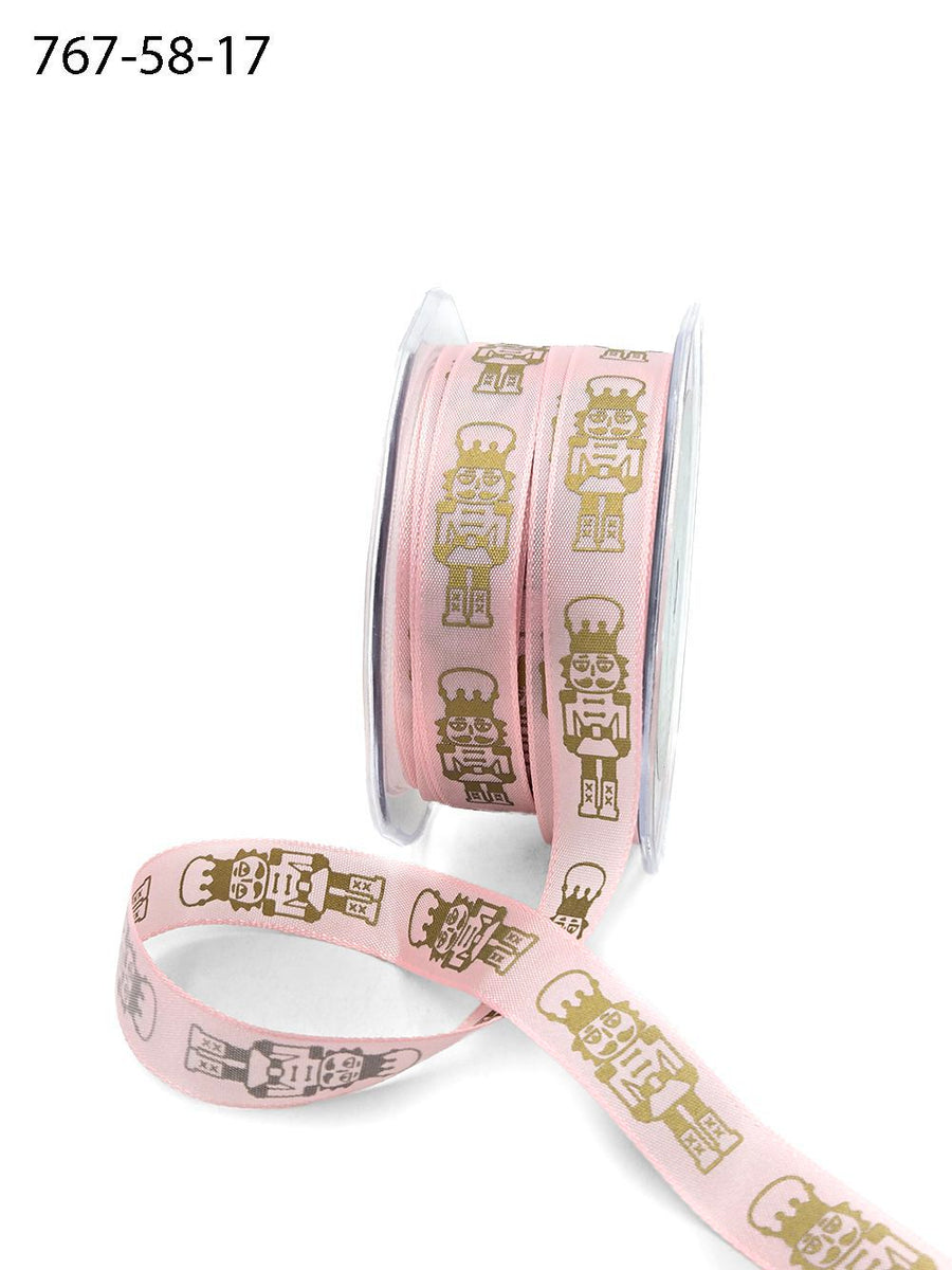 5/8 Inch Taffeta Gold Print Nutcracker Ribbon with Woven Edge – 767-58-17 PINK
