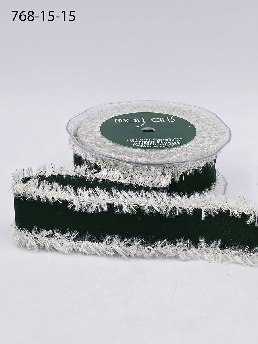 1.5 Inch Velveteen Ribbon with Tinsel Edge for Gift Wrapping, Crafts & Décor – 768-15-15 GREEN