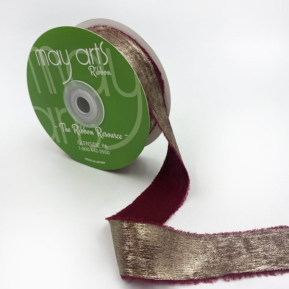 1″ Metallic Gold Ribbon with Frayed Edge – 772-1-25 BURGUNDY